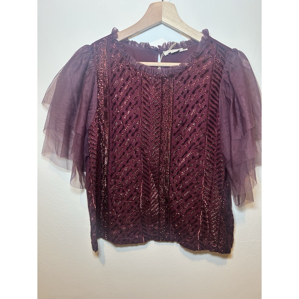 Anthropologie Women's Let Me Be Sequined Embroidered Top Burgundy‎ NWT